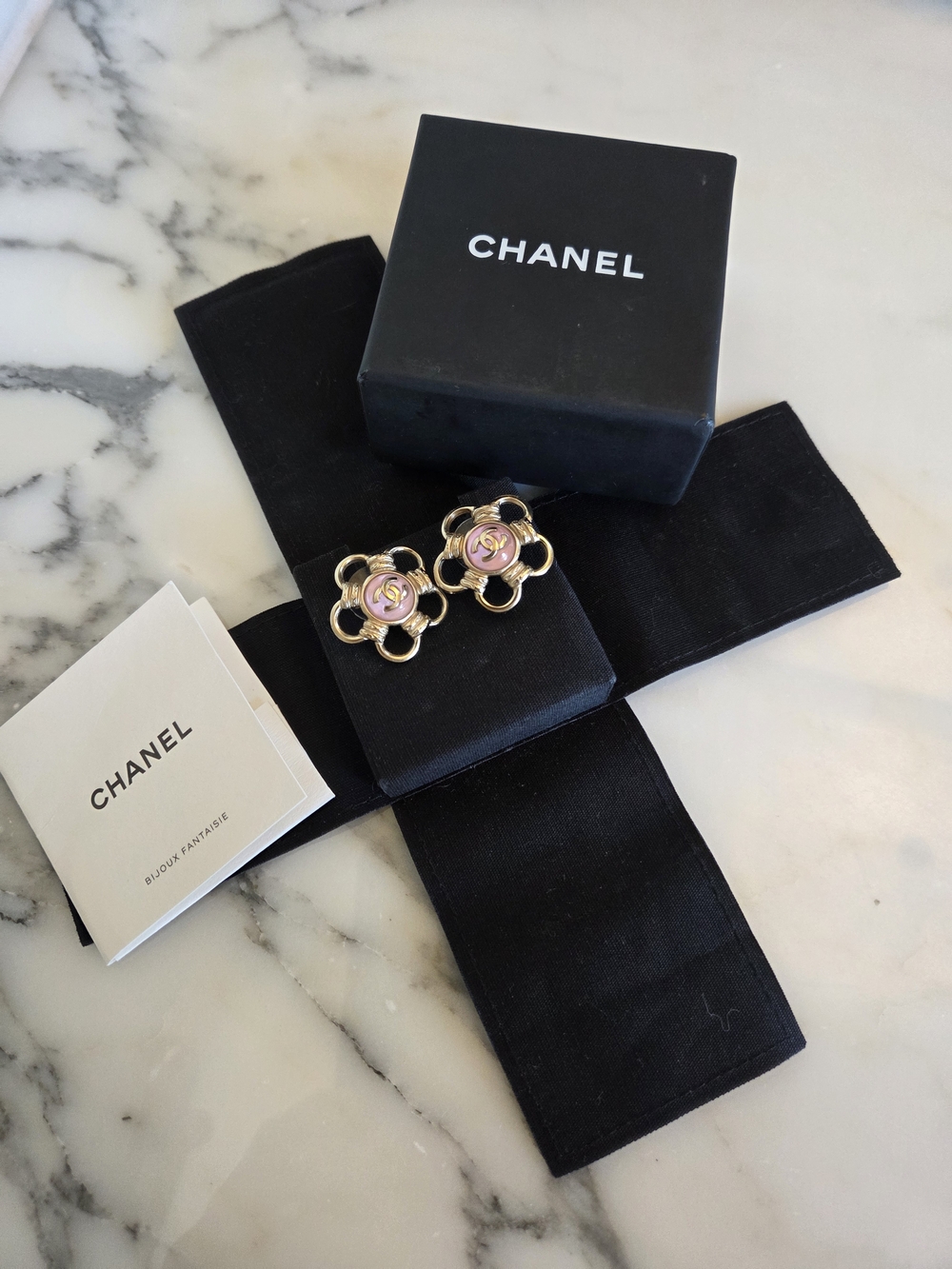 CHANEL Pink Camellia Logo Gold-Tone Stud Earrings Opalesque Swirl Statement Stud - Picture 12 of 15